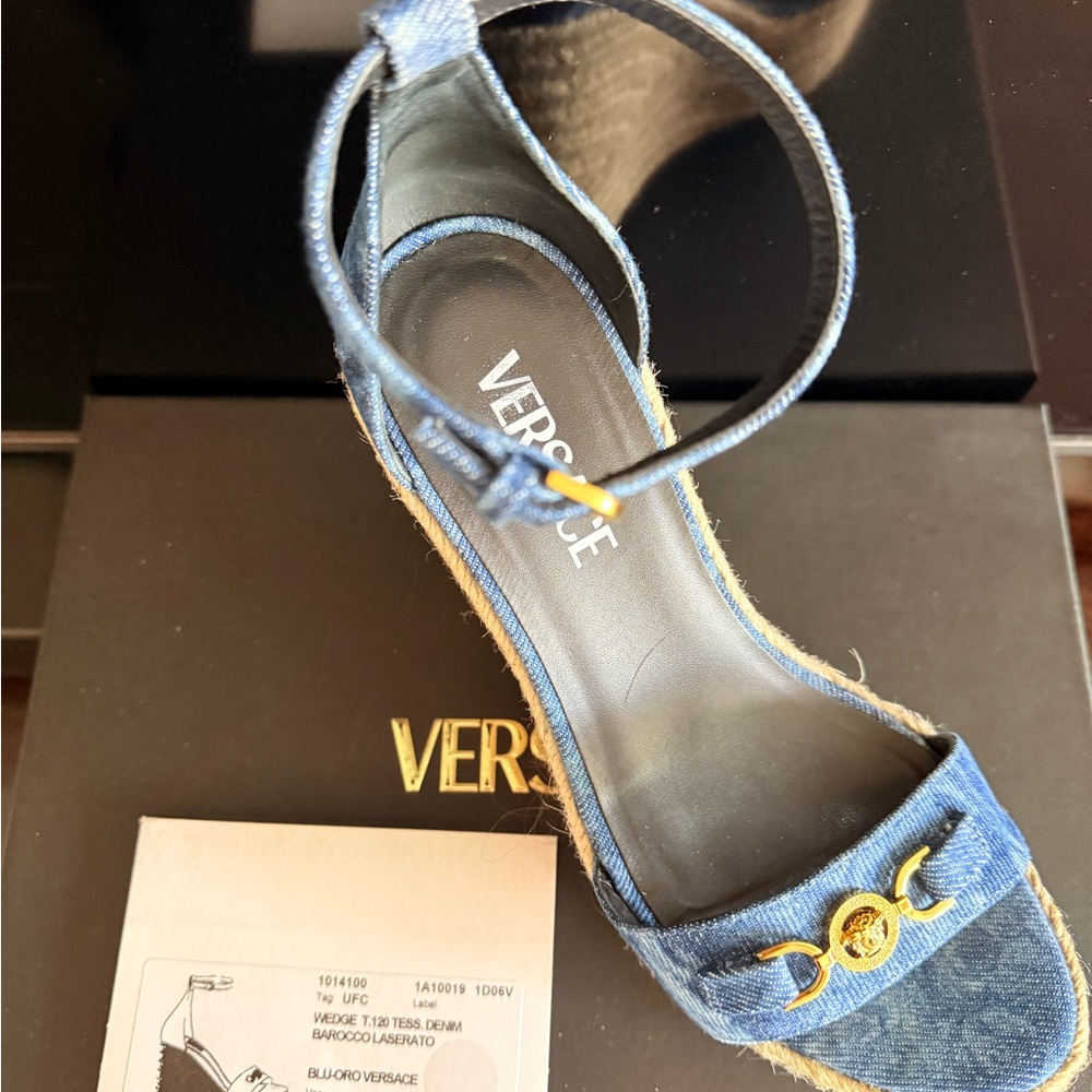 Versace Denim Blue Espadrille Wedge Sandal with Gold Medusa Detail